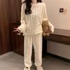 Coral Fleece Jacquard Pajamas Set Women Autumn Winter Fleece Thickened Warm Crew Neck Cable Knit Loungewear Wearable Outside