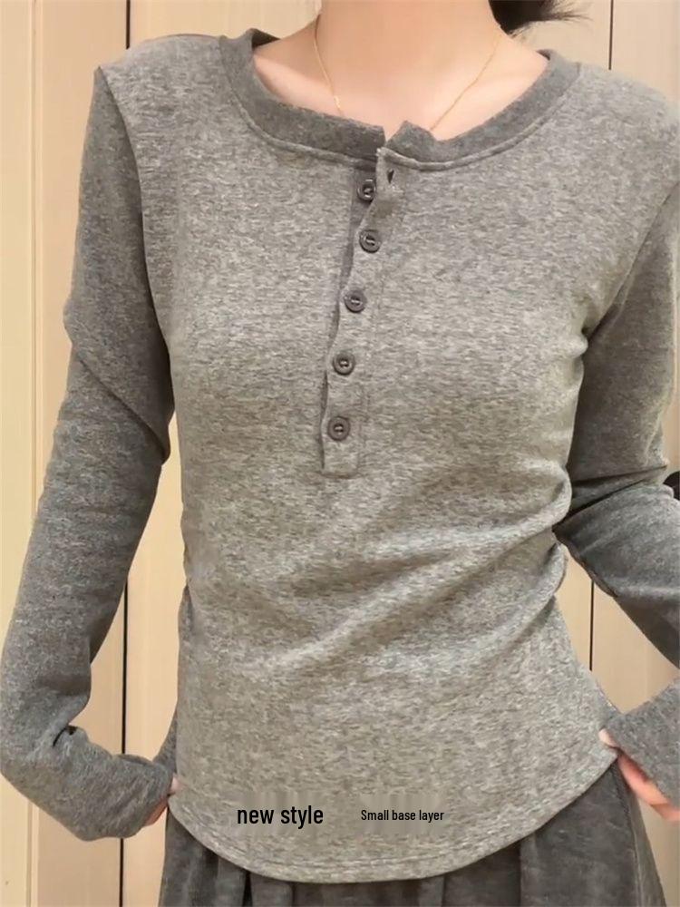 Korean Style Henley Collar Women's Slim Fit Long Sleeve Base Layer Top