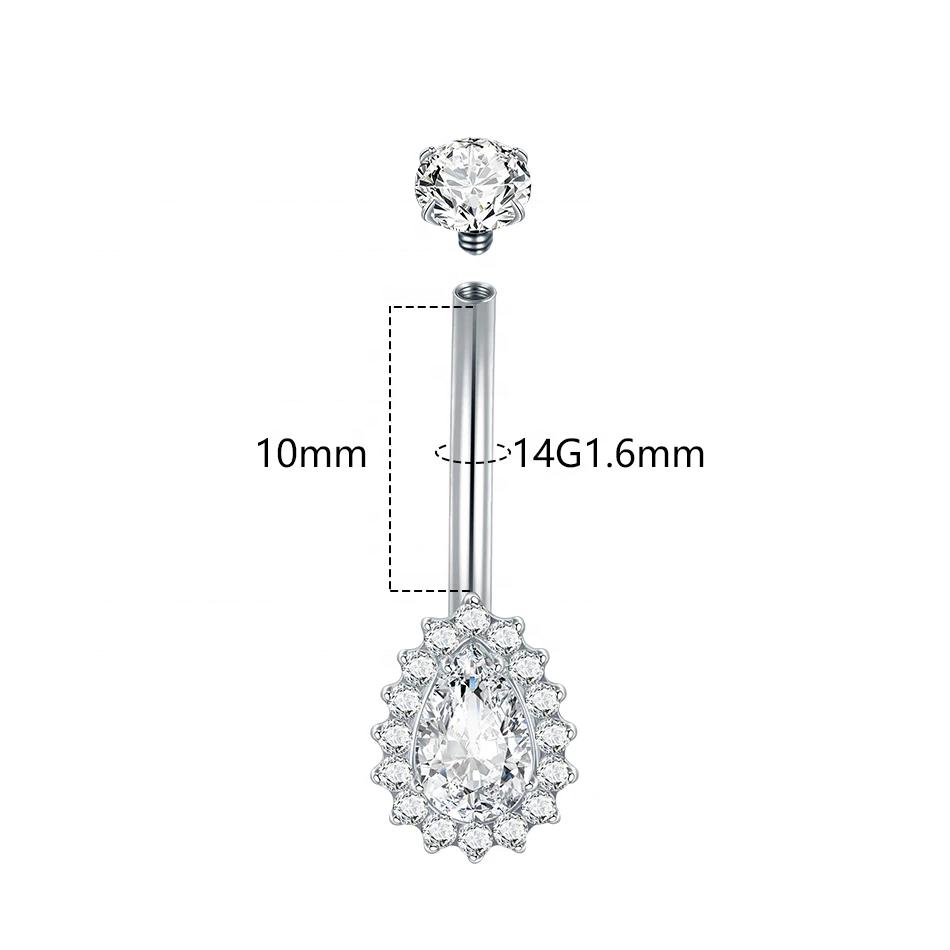 ASTM F136 Titanium Classic Navel Piercing Inlaid Teardrop Zirconia 14G Internal Thread Banana Curved Lip Navel Piercing Jewelry 1.6X10MM&fahsion