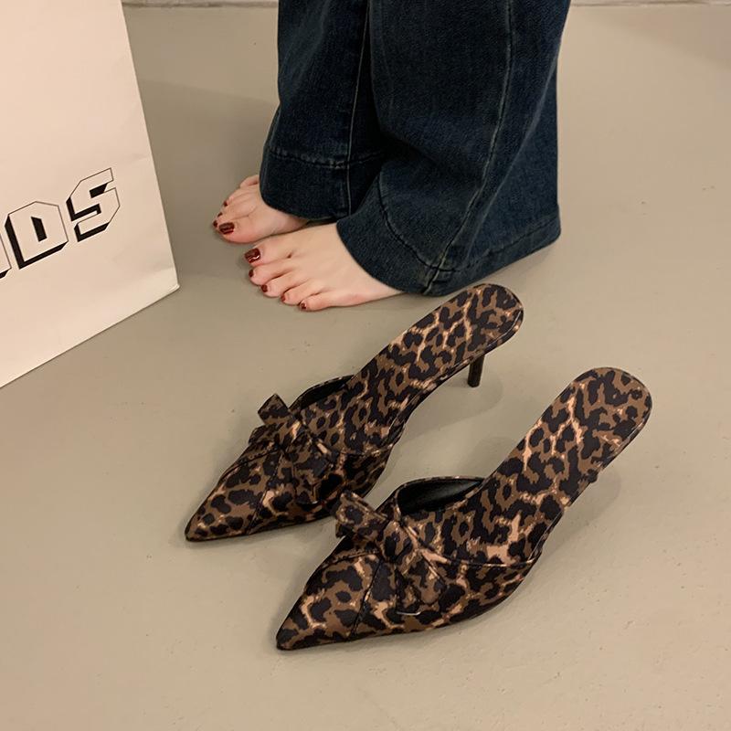 Large size women's shoes leopard print bag head half slippers women's summer wear bow tip stiletto high heels
