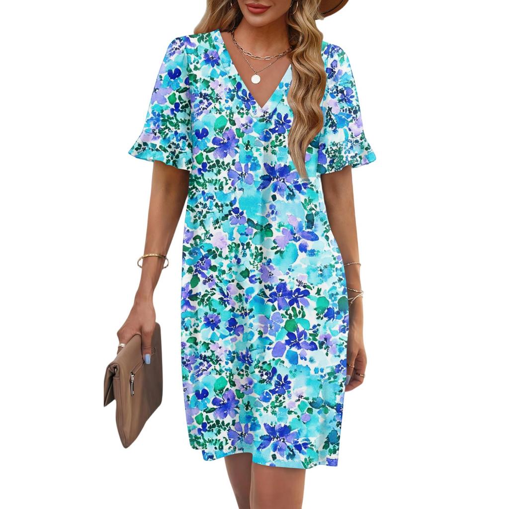 Women's Summer Floral Print Dress Pleated Short Sleeve V-Neck Pocket Casual Dress