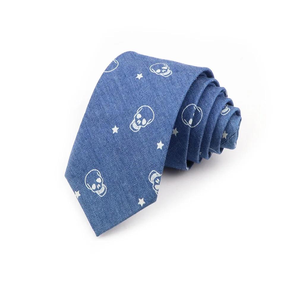 Cotton Tie, Blue, Denim Tie, For Men, Skull, Necktie, Wedding Party, Casual Slim Neckties,