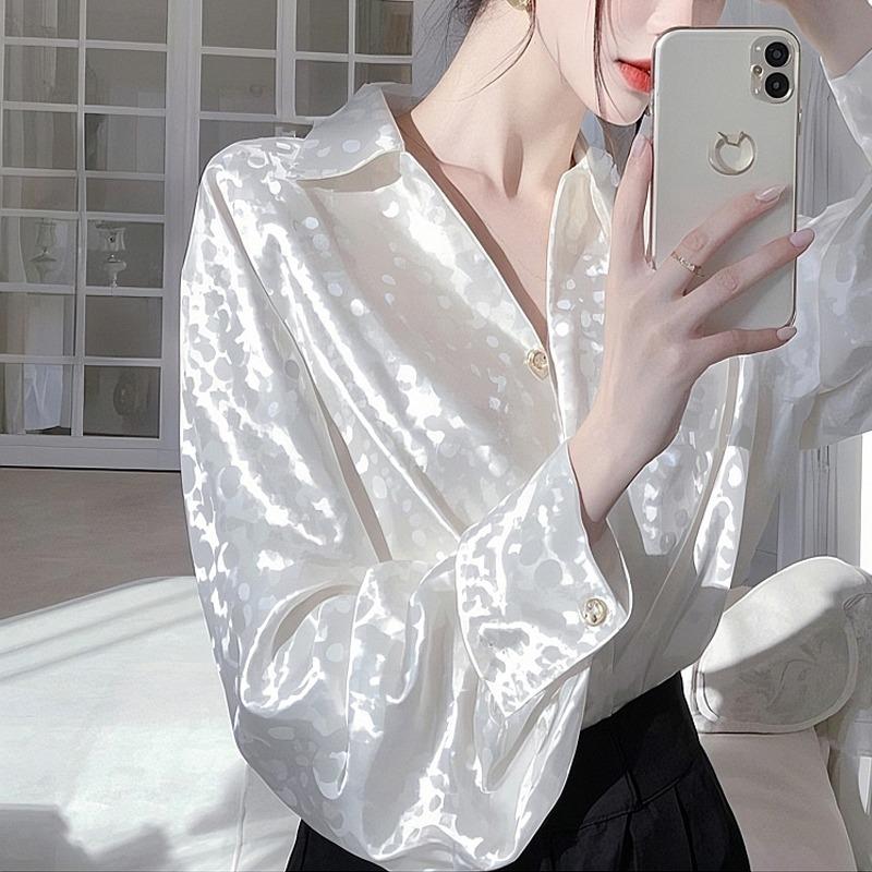 

Весенняя мода с длинным рукавом атласная рубашка женская 2025 свободная блузка больших размеров для офиса женская элегантная повседневная женская простая одежда топы 3134 2XL белый