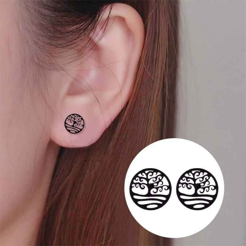 Korean Style Geometric Tree of Life Round Earrings In Stainless Steel for Women - Christmas Tree Cartilage Studs