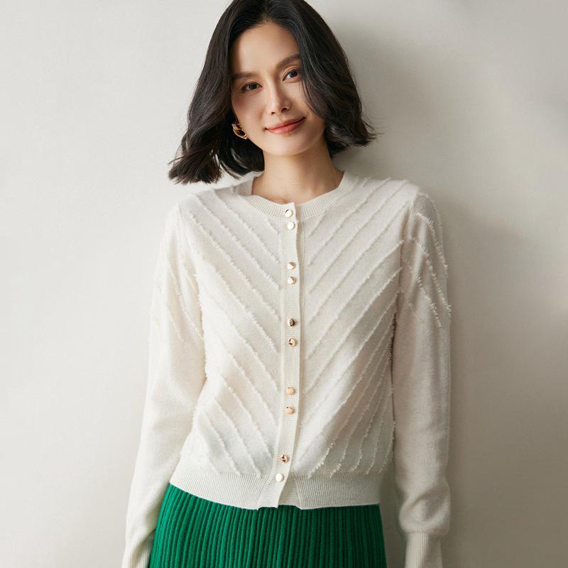 Women's Cashmere Terry Loop Cardigan - Autumn/Winter 2026 Round Neck Wool Knit Sweater, Versatile Outerwear.
