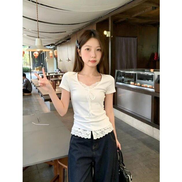 Shoulder Skinny V-Neck Sweet Slim Short Sleeve T-Shirt Women's Summer Unique Korean Lace Design Versatile Fashion Top