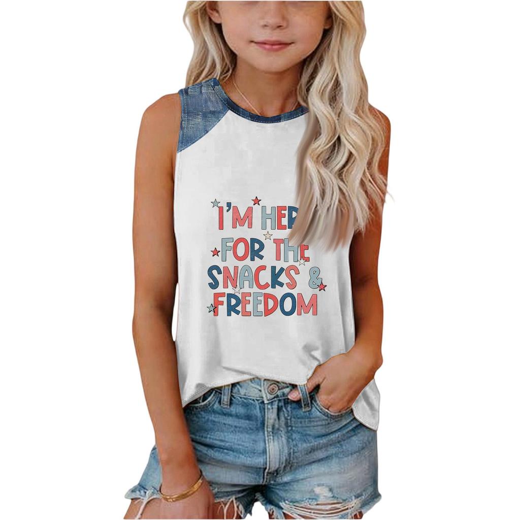 Girls Sleeveless Tank Top Loose Fit Round Neck T Shirt Independence Day Denim Print Casual Summer Tee for Kids