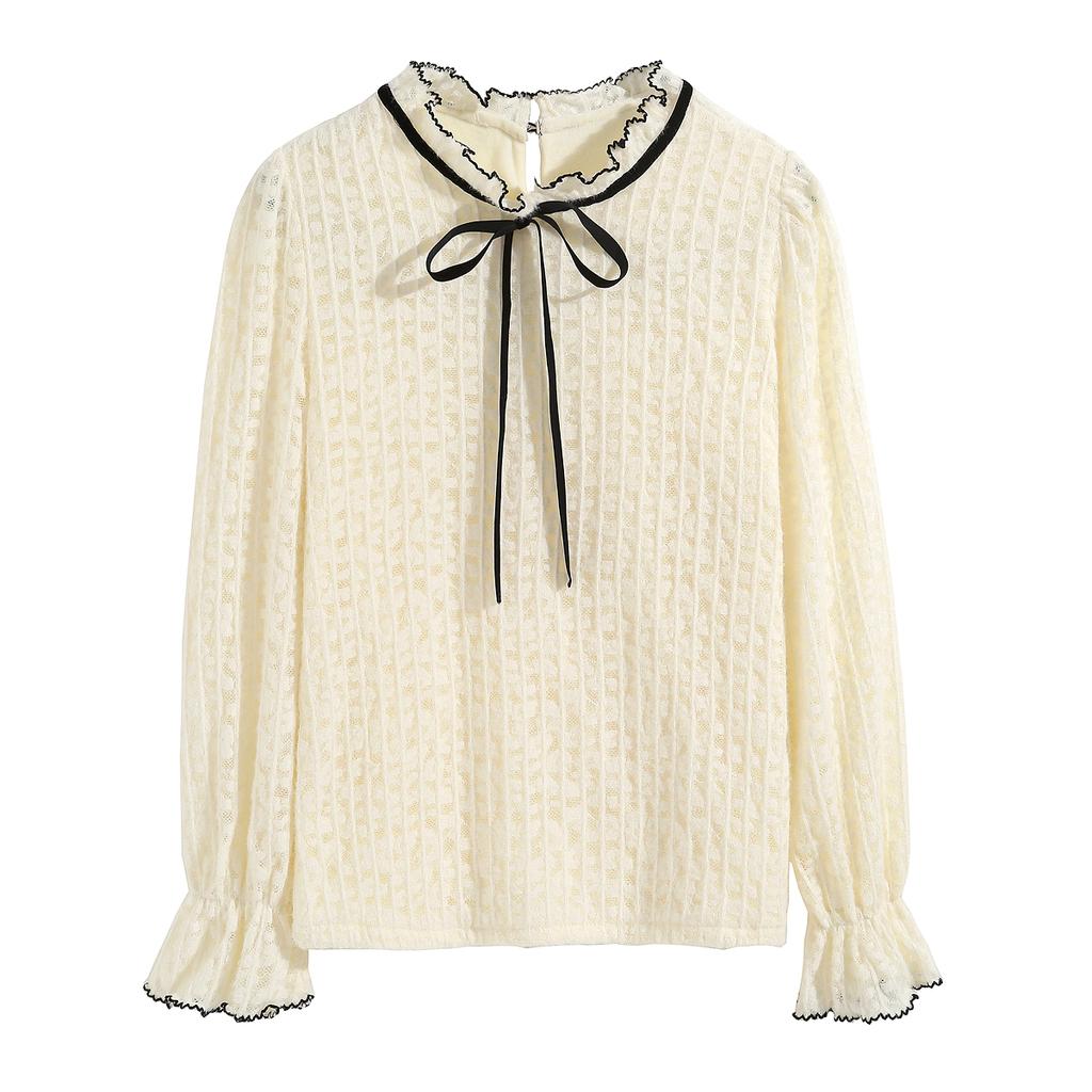 Fashion New 2024 Autumn Winter Long Sleeve Lace Up Ruffled Collar Apricot Velvet Lace Blouse Shirt Women Tops Blouses Shirts J760