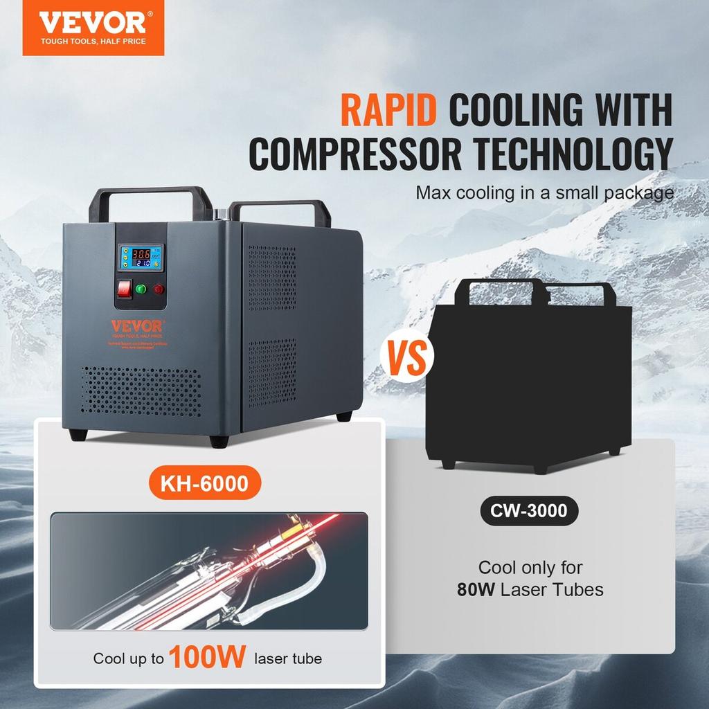 Industrial Water Chiller Laser Chiller Cooling System with Built-in Compressor 12L Water Tank Capacity, 7.2L/min Max.Flow Rate, 200W Cooling Capacity