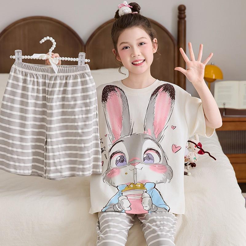 Girls Cotton Pajama Set Short Sleeve Long Pants Cartoon Print Sleepwear Kids Home Wear