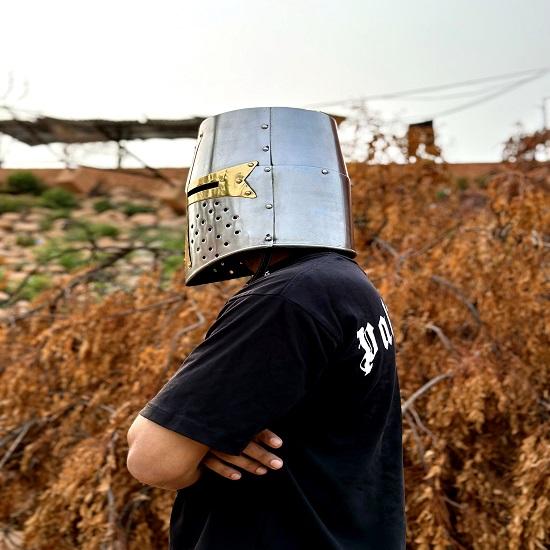 Medieval Templar Knight Helmet – Silver Finish, Mason's Brass Cross, Cosplay Armor