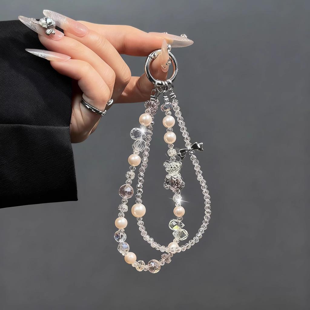 Luxury and Sophisticated Beaded Crystal Phone Charm Stylish Rhinestone Cartoon Bear Phone Lanyard Short Handbag Chain. 1