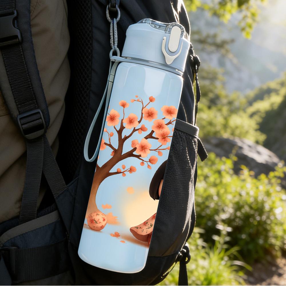 1PC Autumn Tree Little Girl 750ml Color Plastic Sports Water Bottle Leakproof Flip Straw Lid For Sports Office Home Use