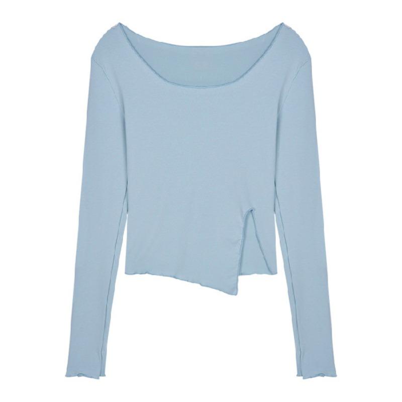 Solid Color T-shirt Women Short Irregular Slim Open Long Sleeve with Base Shirt Autumn Slim Top Trend