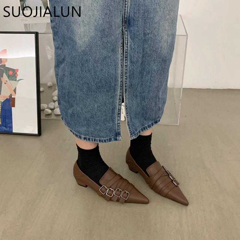 Fashion SUOJIALUN 2025 Autumn Ladies Women Flat Shoes Fashion Brand Buckle Women Elegant Laofer Shoes Flat Heel Slip On Dress Ballerinas