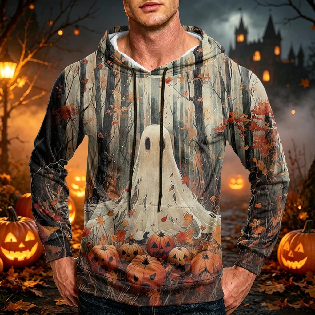 Men's Casual Loose Fit Printed Hoodie with Kangaroo Pocket and Drawstring for Everyday Wear