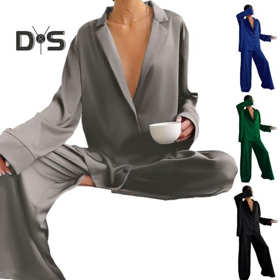 2 Pcs/Set Women Shirt Pants Set Homewear Suit Loose Lapel Long Sleeve Loose Solid Color Single-breasted Wide Leg Straight Soft Lady Spring Fall