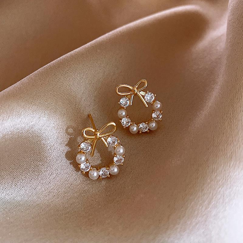 Korean  Round Bow Knot Earrings For Women Temperament Fashion Rhinestone Imitation Zircon Stud Earrings Party Wedding Jewely