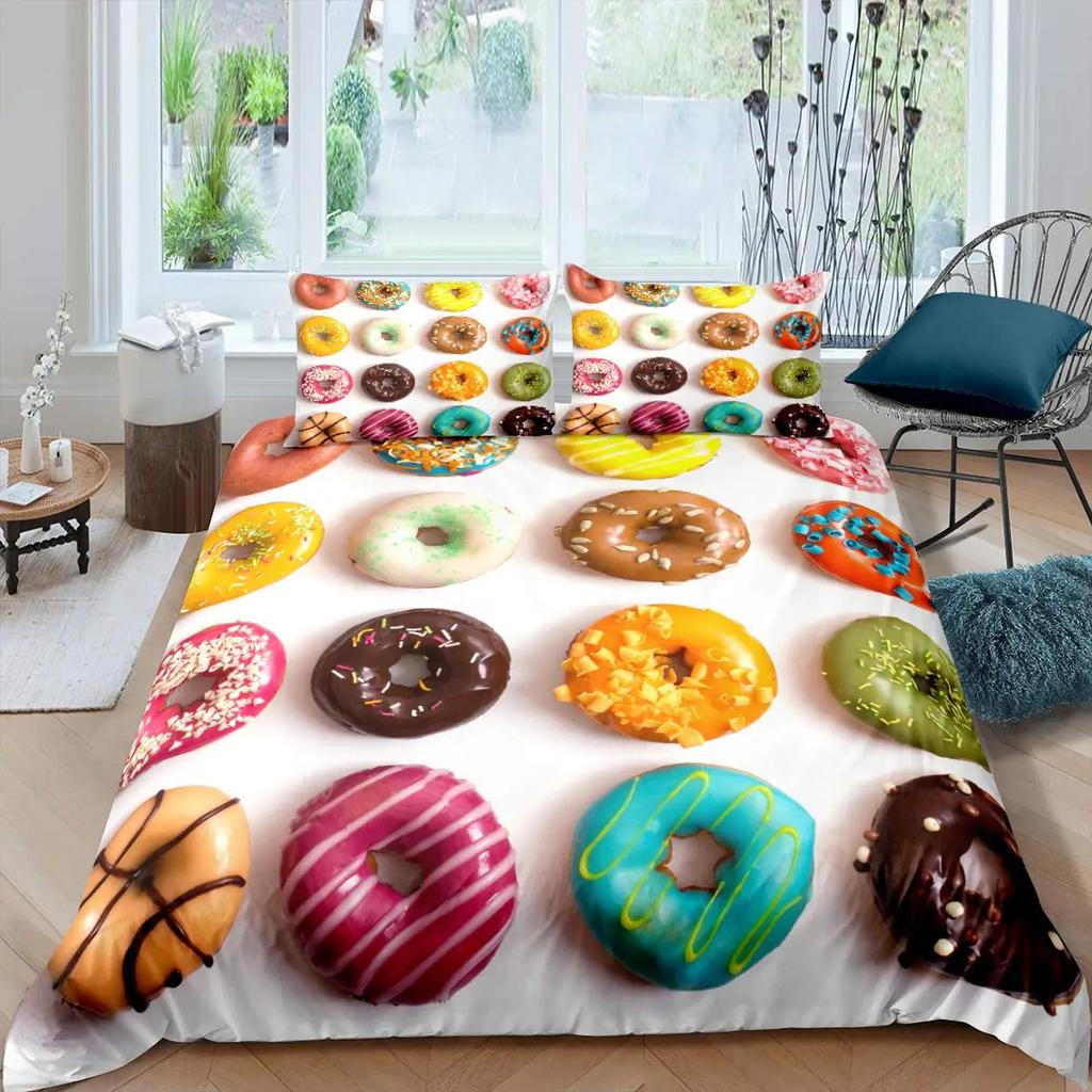 3D Chocolate Dessert Duvet Cover Set Bed Cover Food Candy Donut Cake Comforter Quilt Cover With Pillowcase For Kids Children Bed