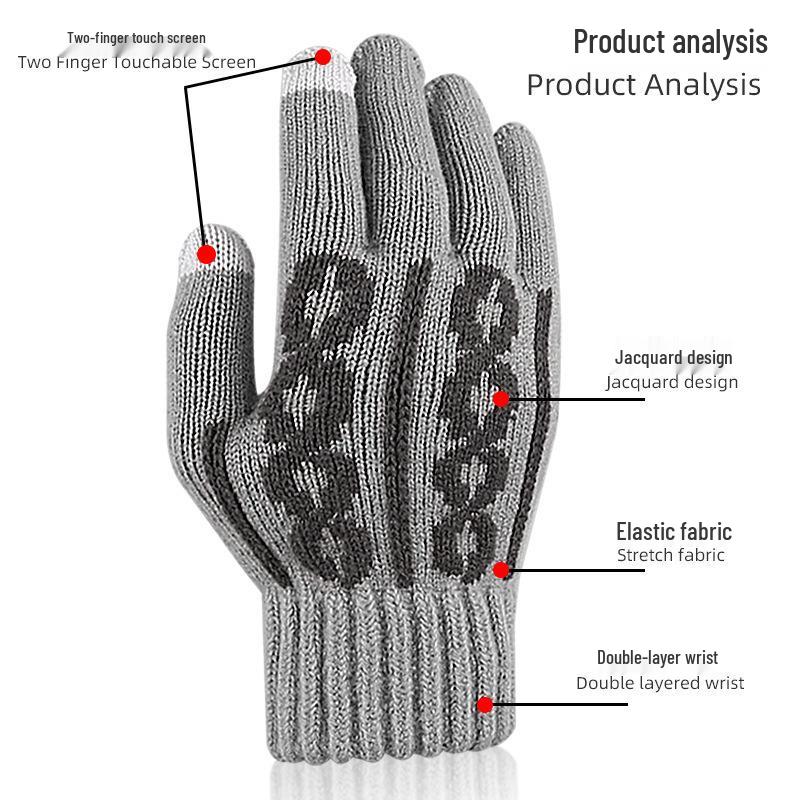 Knitted Touchscreen Five-Finger Gloves: Warm, Breathable, and Fingerless with Jacquard Texture & Fleece Lining for Autumn and Winter.