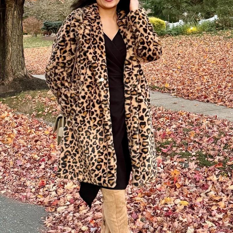 Volné kabáty z umělé kožešiny s leopardím potiskem Ženy Vintage Kožešiny s klopou Kapsa tlustší Podzim Zima Módní Dámský kabát