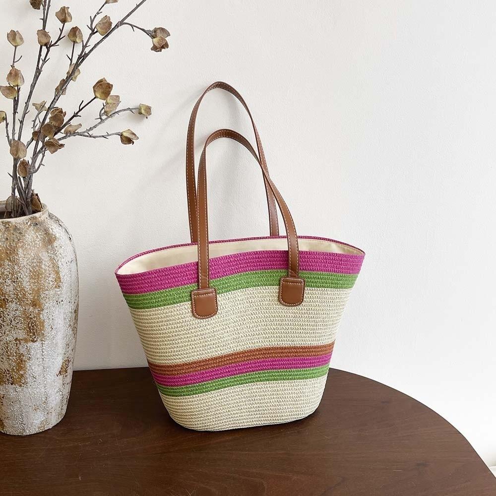 Large Capacity Stripe Woven Tote Bag Polyester Summer Beach Handbag Shopping Straw Bag  School