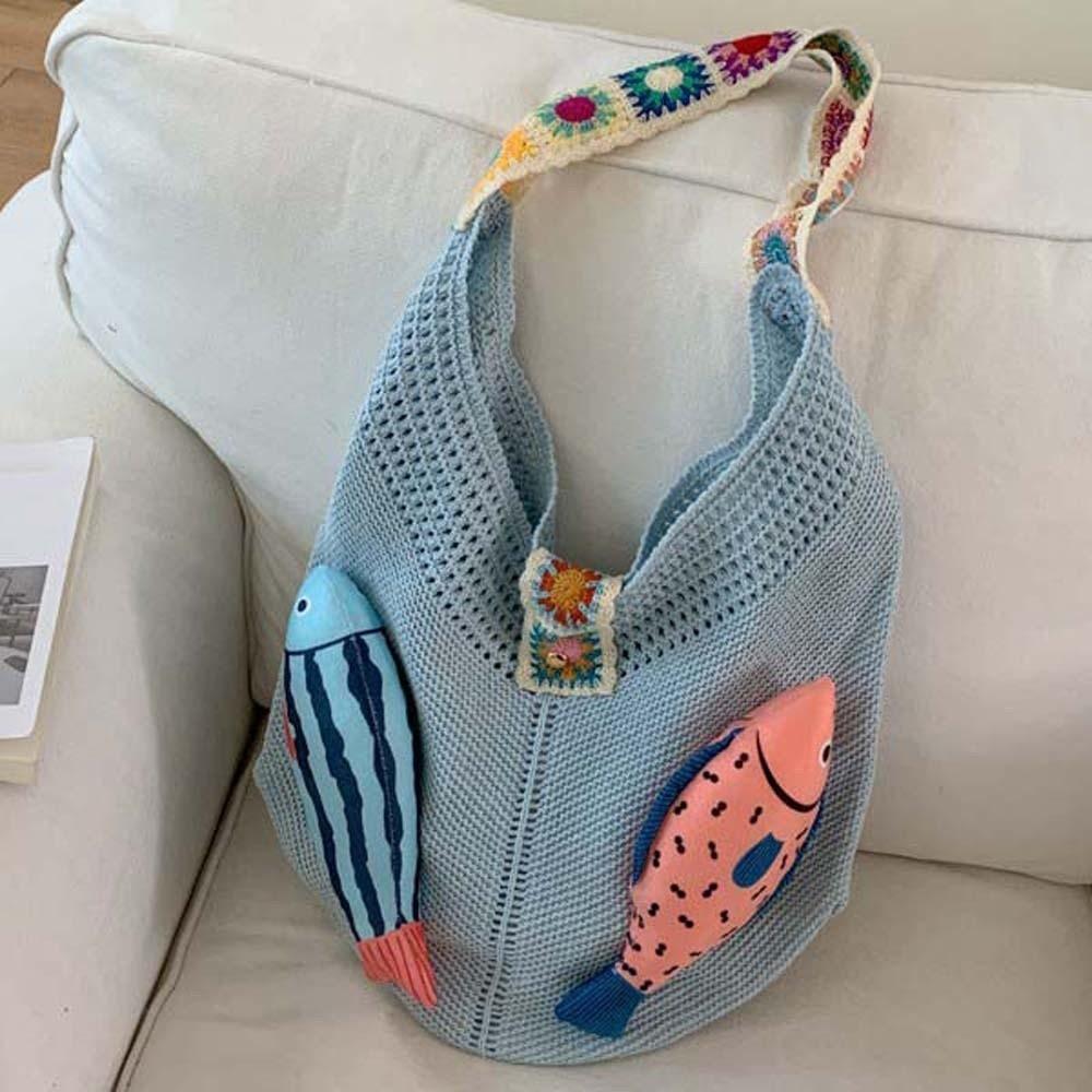 Fish Hollow Out Woven Bag Magnetic Buckle Tassels Beach Handbag Cotton Crochet Shoulder Bag  Beach