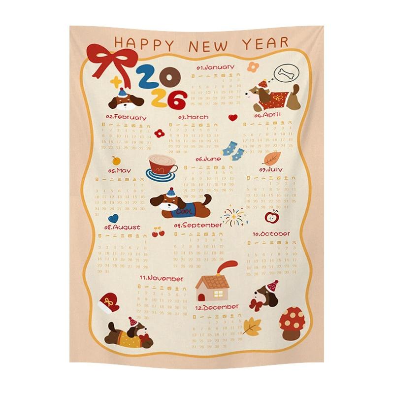 

2026 Party Accessorie Calendar Tapestry New Year Wall Tapestry Accessorie Home Decor Hanging Cloth Cartoon Curtains