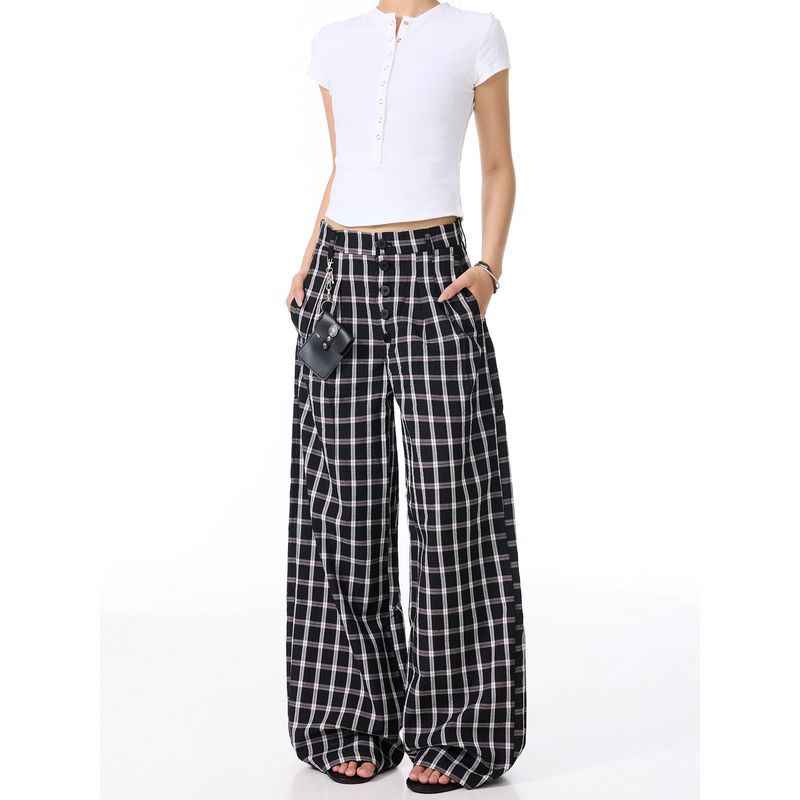 Zhao Silu's Same Style American Retro Black and White Checkered Casual Pants, Unisex Wide-Leg Floor-Length Pants with a Relaxed and Laid-Back Feel