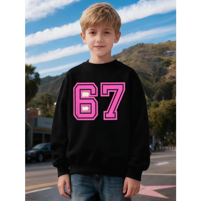 Unisex Kids Crewneck Sweatshirt, Pink Double Outline Number 67 Print Long Sleeve Pullover, Boys Girls Birthday Sweatshirt For Kids Over 4 Years Old