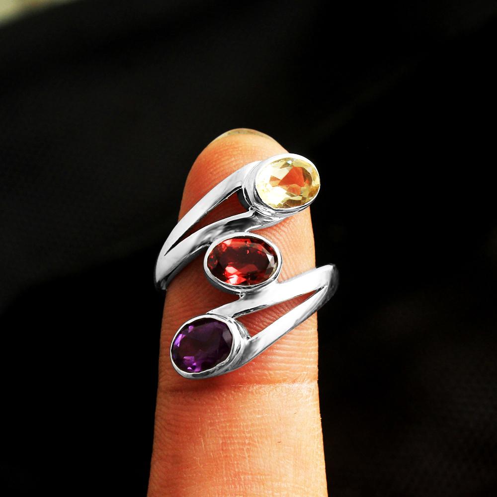 Arisha Silver Amethyst, Garnet, Citrine 925 Sterling Silver Ring