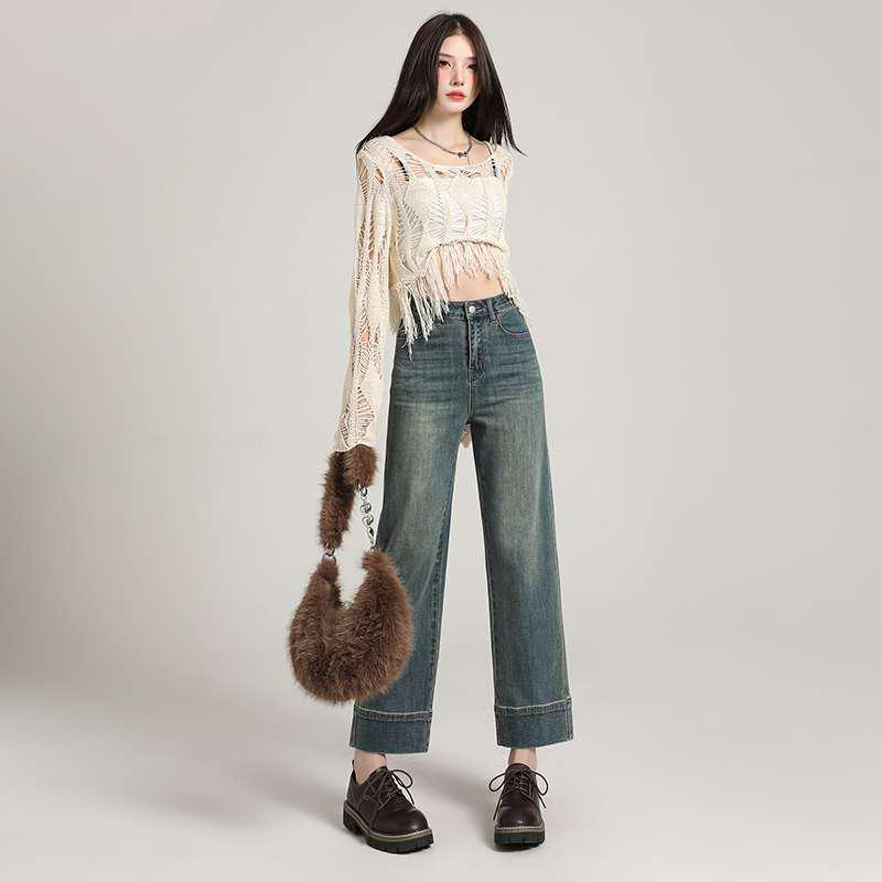 

Nostalgic Blue High-Waist Cigarette Jeans with Leather Patch Extra Large