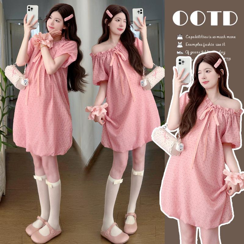 2026 Summer Sweet Pink Polka Dot Maternity Dress with Puffy Skirt XL