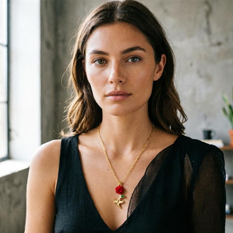 Handmade Velvets Rose Pendant Necklace Gold Tone Floral Jewelry Metal Chain Perfect Floral Accessory