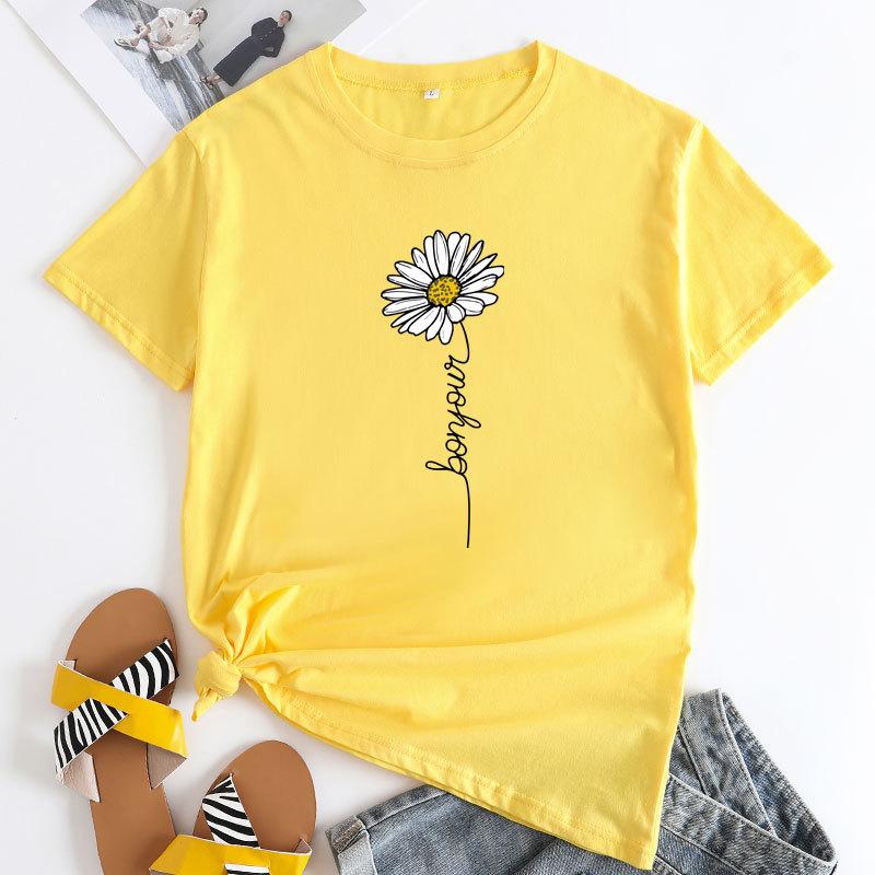 

Летний топ с круглым вырезом и принтом в виде ромашек, модные повседневные женские футболки из чистого хлопка с короткими рукавами L