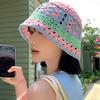 Japanese-style knitted hollow floral bucket hat for women, sweet and versatile for spring and summer, handmade large head circumference fisherman hat