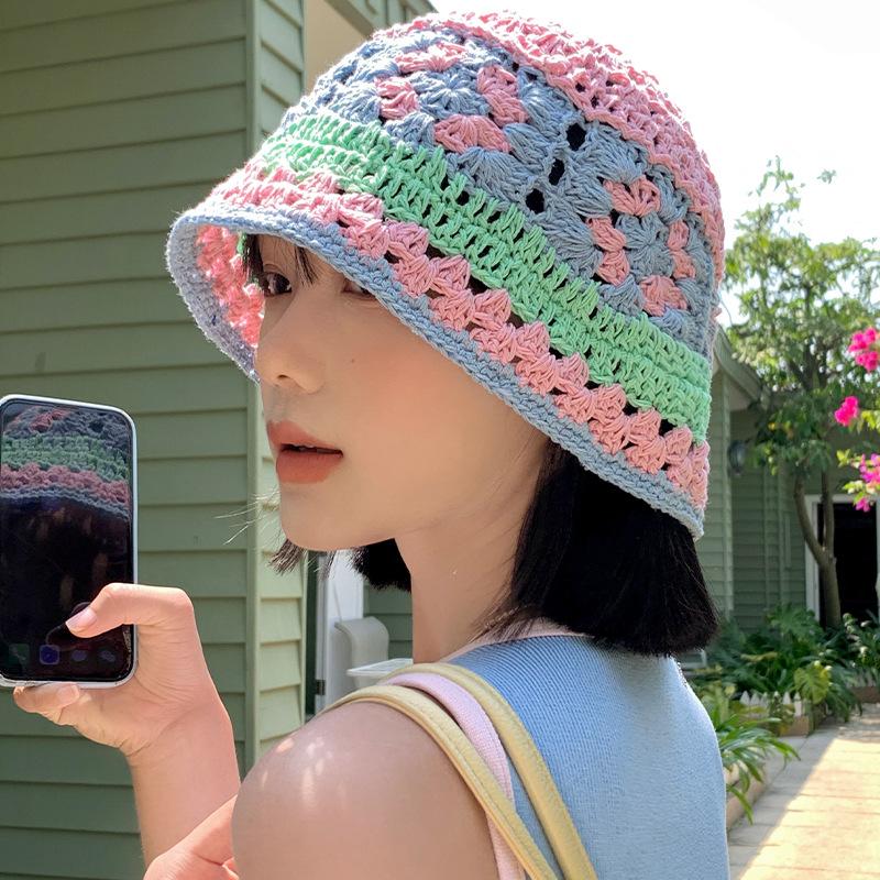 Japanese-style knitted hollow floral bucket hat for women, sweet and versatile for spring and summer, handmade large head circumference fisherman hat
