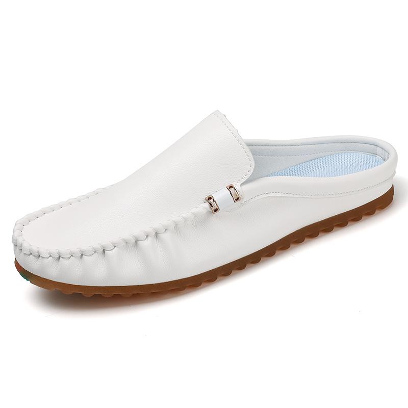 Fashion Handmade Casual Leather Slippers Men Summer Beach Slides Sandals Fashionable Outdoor Male Muller Shoes Non Slip Comfy Half Drag