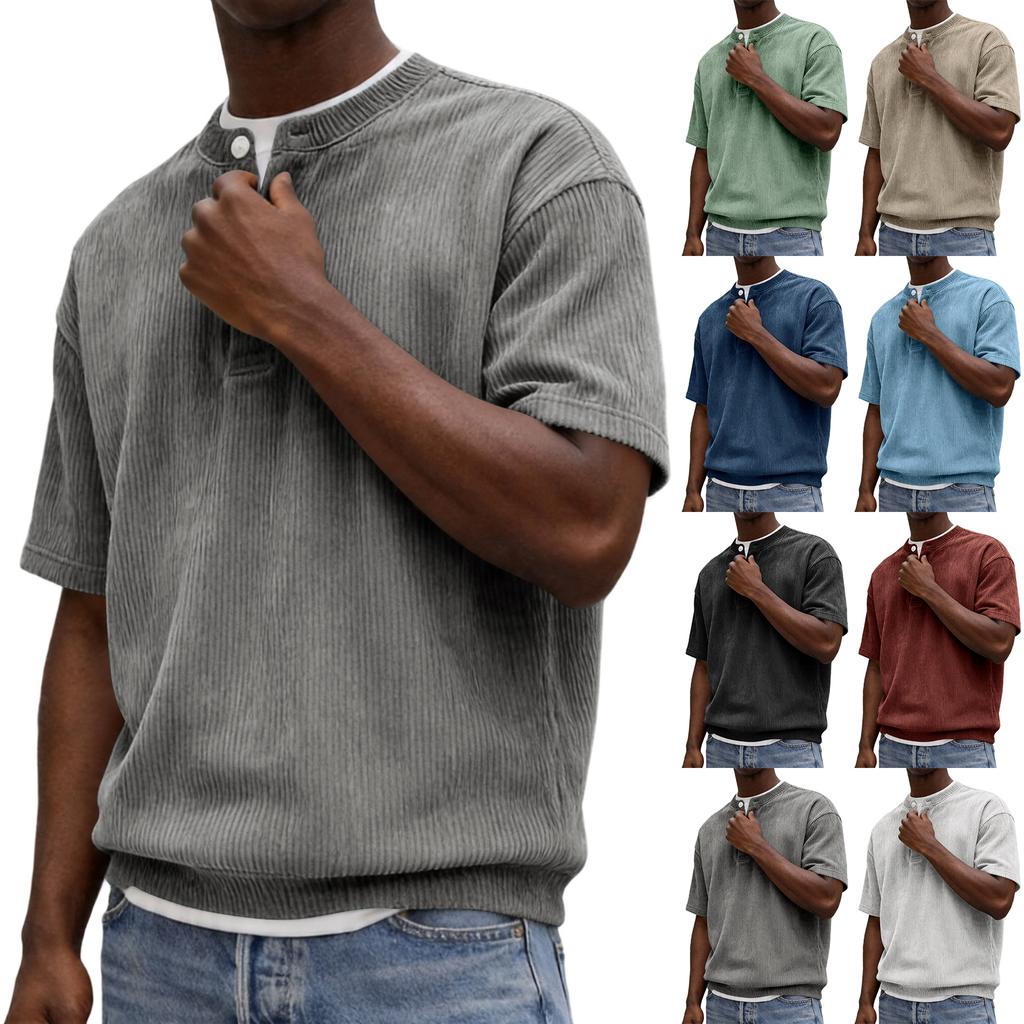 Men Henley Neck Short Sleeve Corduroy Shirt with Button Placket Relaxed Fit Casual Summer Top for Everyday Wear