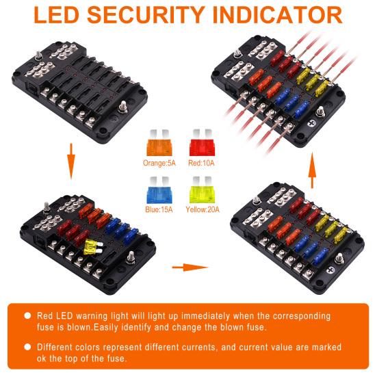 12-Way Fuse Box 12 Circuits Negative Bus Fuse Block Holder With LED Indicator