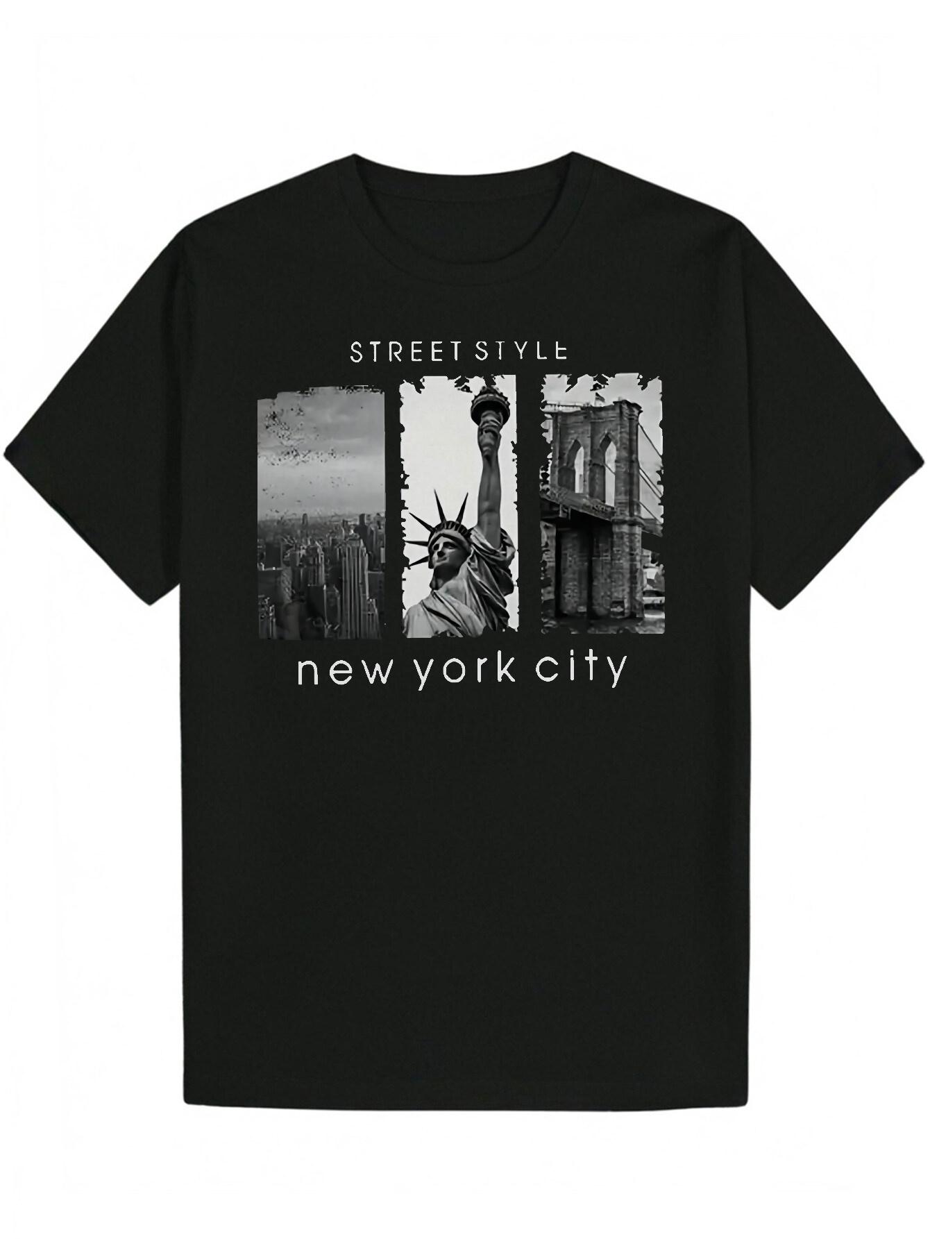 Short Sleeve T-shirt - Black Street Style NYC Skyline Graphic Print with Lady Liberty & Brooklyn Bridge XXXXL