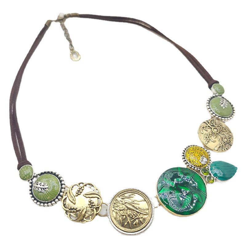 European Retro Colorful Oil Painting Necklace: Women's Ethnic Style Leather Cord Jewelry