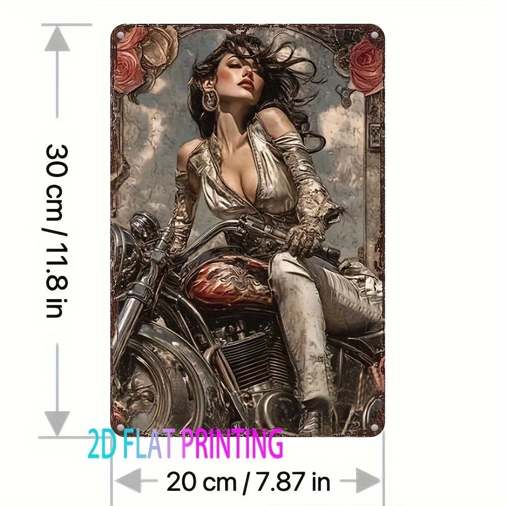 Vintage Motorcycle Girl Iron Sign D Retro Wall Art for Home Bar Cafe PreDrilled 20x30cm（7.8x11.8inch）