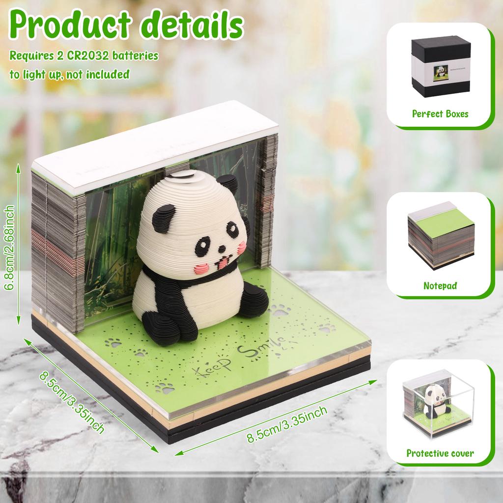 3D Stereo Notepad Tear Away Paper Carving Panda Shape Three-dimensional Note Book with LED Light for Office Desk Home Decorative