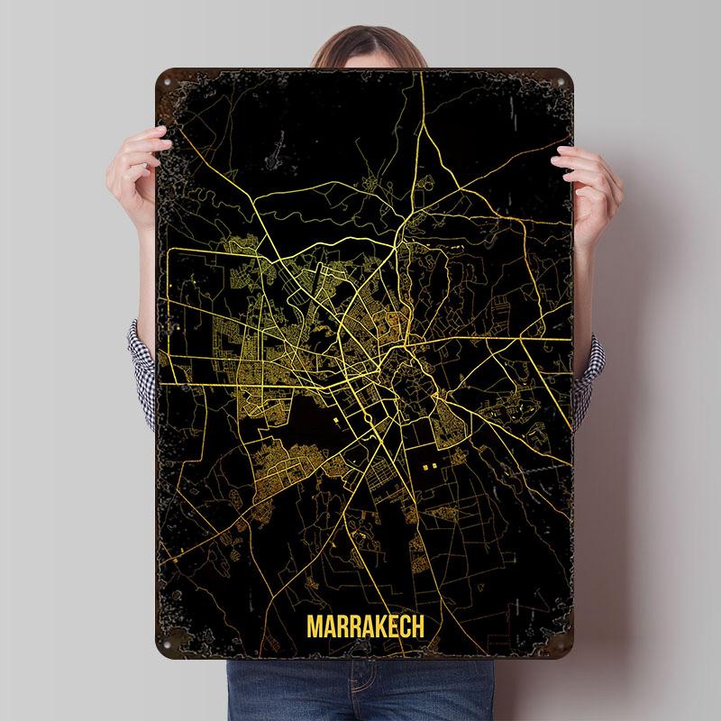Marrakech Gold Map Metal Poster Customized Wall Art Retro Vintage Tinplate Signs for Man Cave Gaming Room Decoration Cozy House