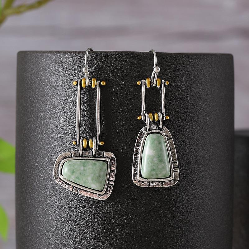 Retro Trapezoidal Turquoise Jadeite Earrings, Stylish Asymmetrical Earrings for Women