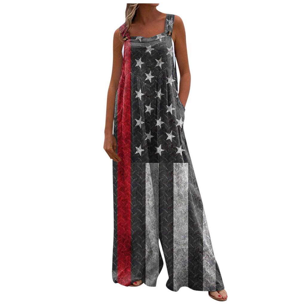 Damenmode-Jumpsuit mit Unabhängigkeitstag-Aufdruck, lange Hose, lässig mit Tasche, nicht verstellbarer Träger-Jumpsuit