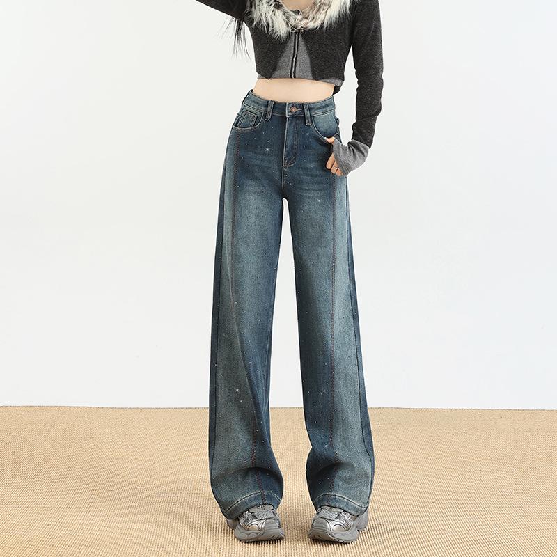 

Women s Gradient Embroidery Wide-Leg Jeans with Velvet - Elastic, Slimming, Loose Fit for Autumn/Winter XL