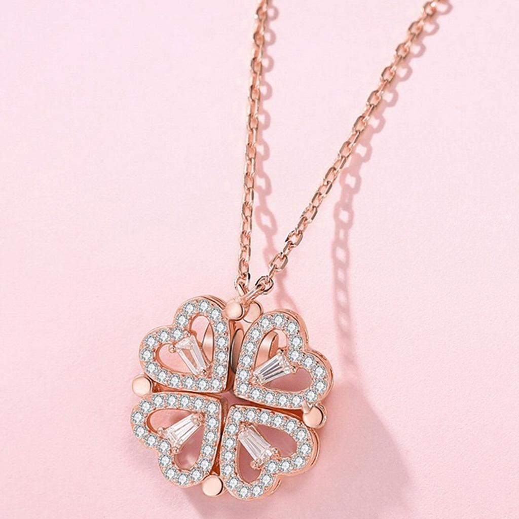 Four Leaf Clover Necklace Silver Open Convertible Small Heart Pendant Necklace Jewelry Rose Gold