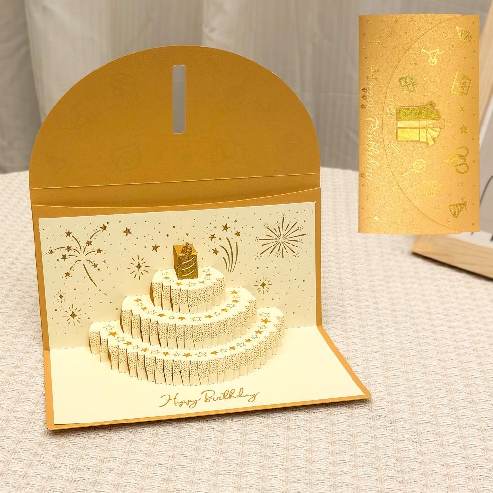 

3D Pop-Up Birthday Red Envelope Greeting Card Foldable Gold-stamped Cover Musical Light Greeting Card Gold Can Hold 1-20 Cash золотой